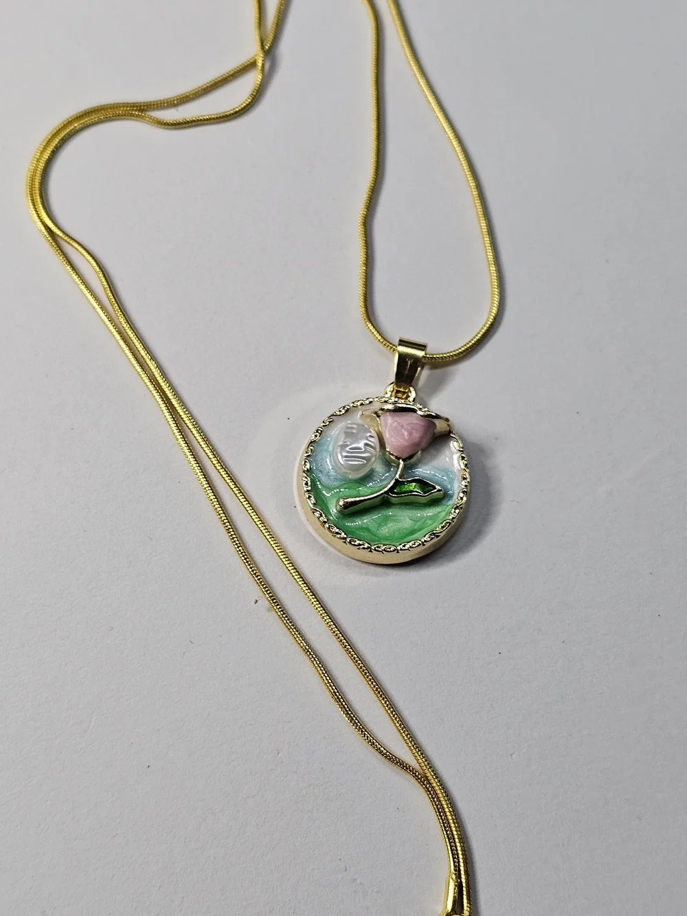 Gold Pendant Necklace with Pink Rose Enamel Accent - Picture 3 of 3